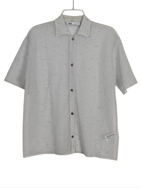 ZARA Light Gray Short-Sleeve Mesh Button-Up Beaded Shirt Size S-M